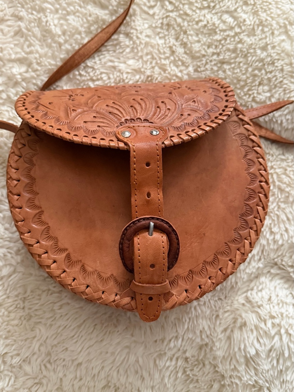 Women's Tan Leather Tooled Crossbody Bag